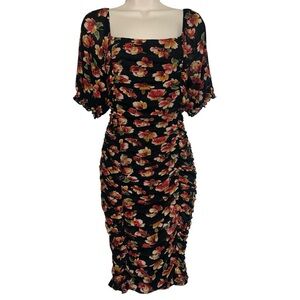 Siren Lily Black Dress with Red and Yellow Floral Pattern
